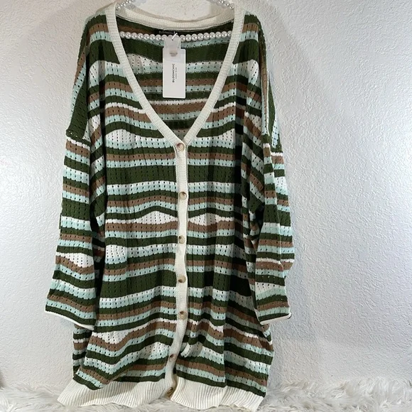 BLOOMCHIC Striped Contrast Button Up Hollow Out Cardigan Size 5X NEW - Picture 4 of 16